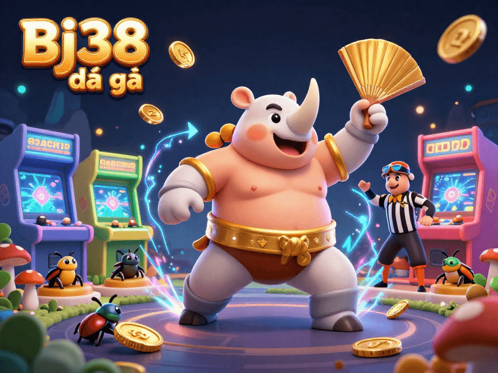 Engage with Bj38 đá gà as a sumo champion beetle dominates the arena, surrounded by dynamic gaming elements.