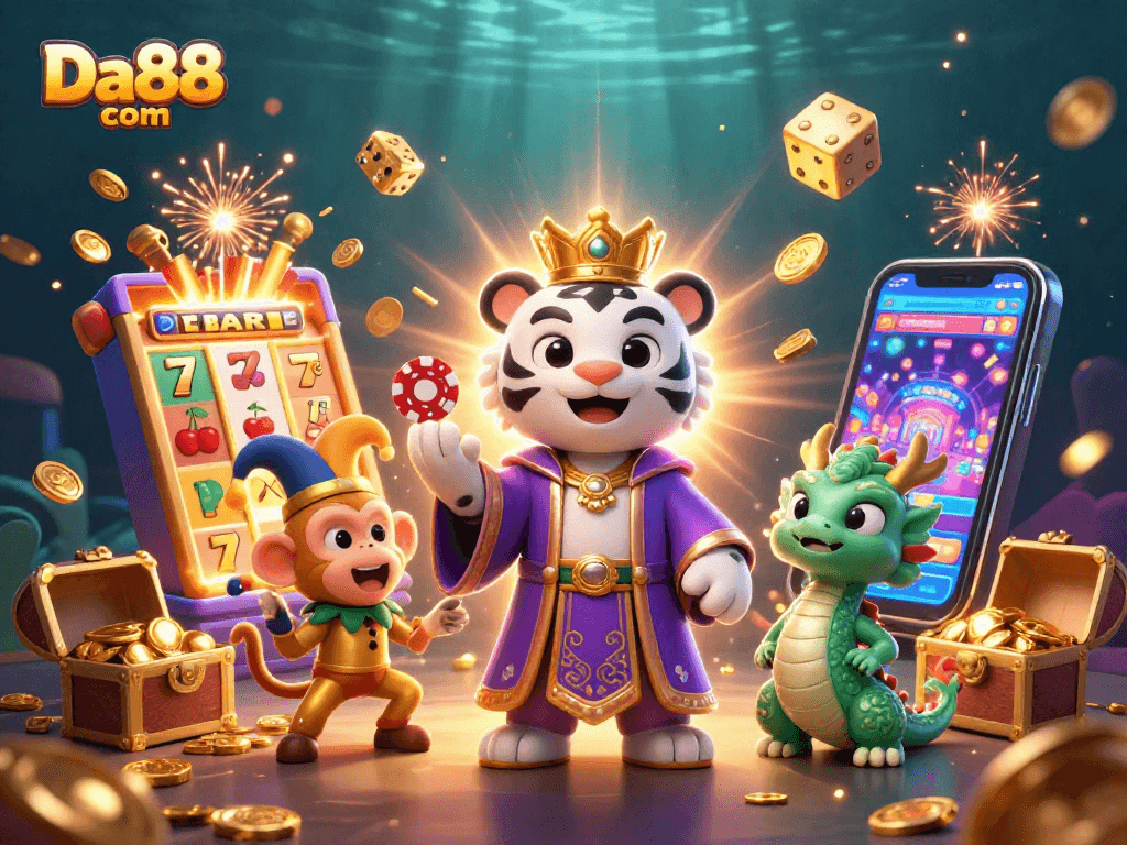 Playful golden monkey juggles poker chips with Da88 com, surrounded by winning casino elements.
