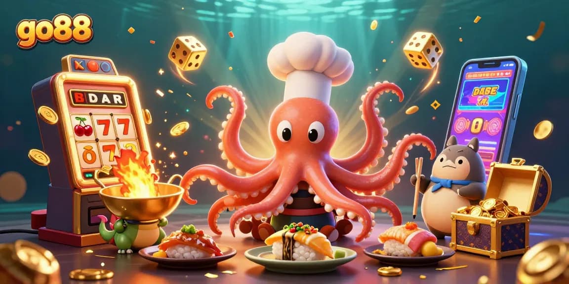 Experience excitement at go88 with a sushi chef octopus, dragon, and tanuki among casino riches.