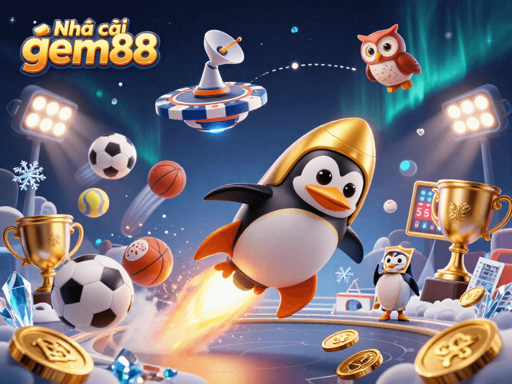 Engage with Nhà cái gem88 through an exciting 3D illustration showcasing a golden penguin and casino imagery.