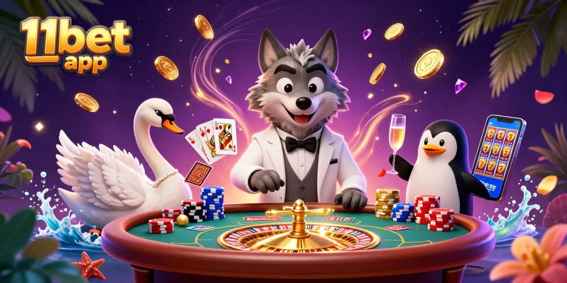 Experience the excitement of the 11bet app with a lively 3D casino scene featuring unique characters and vibrant elements.