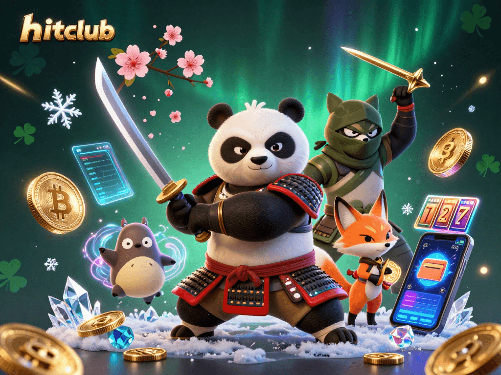 Hitclub engages players with a rich 3D illustration of characters amidst vibrant casino elements.