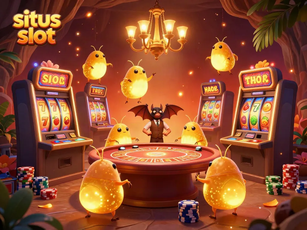 Ignite excitement with the lively situs slot scene showcasing slot machines and glowworms in a vibrant casino atmosphere.