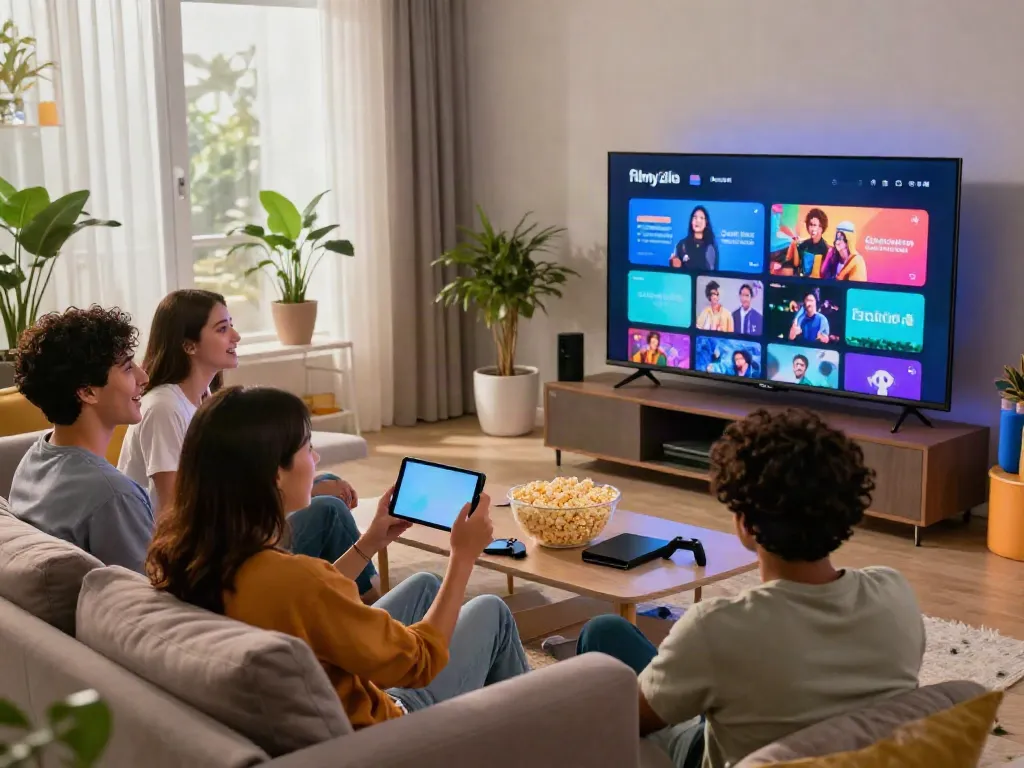 Friends enjoying a movie night with FilmyZilla app on smart TV.