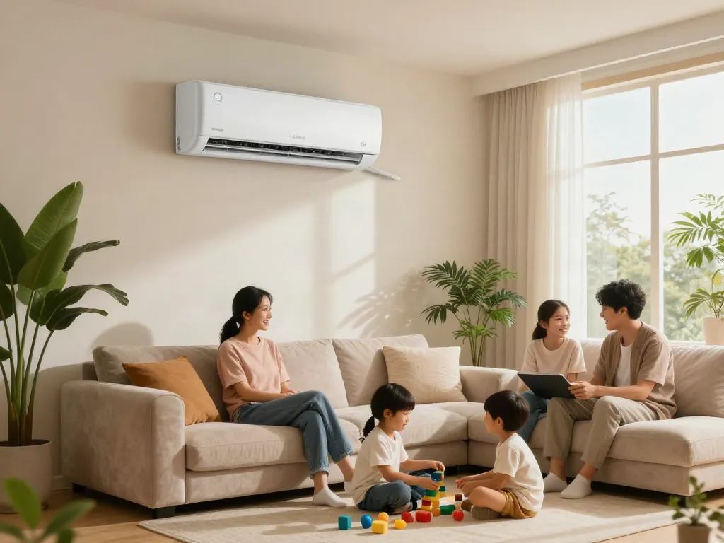 Cozy living room featuring a mini split air conditioner, family enjoying movie night with soft natural light.