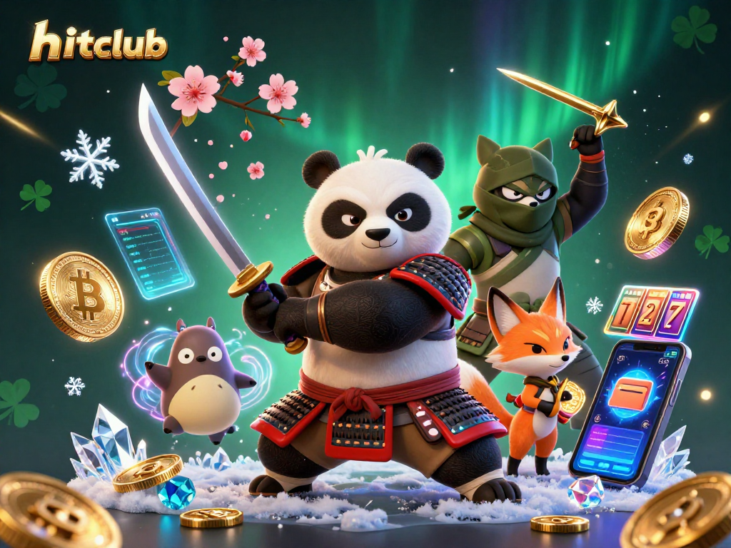 Hitclub engages players with a rich 3D illustration of characters amidst vibrant casino elements.
