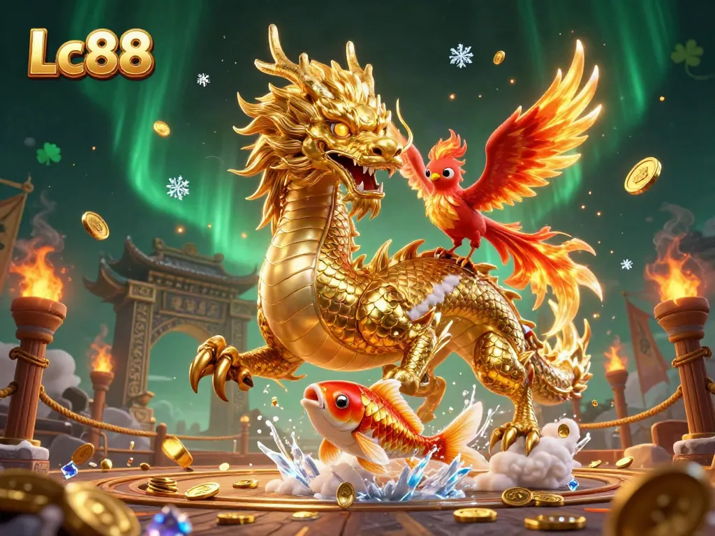 Experience Lc88 with a captivating scene of a dragon, phoenix, and koi fish amid golden coins.