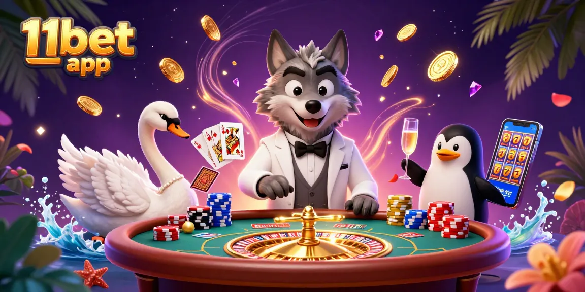 Experience the excitement of the 11bet app with a lively 3D casino scene featuring unique characters and vibrant elements.