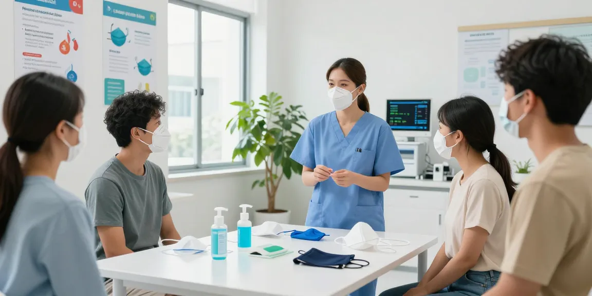 Demonstration of various breathing masks in a modern clinic setting, focusing on respiratory health and patient education.