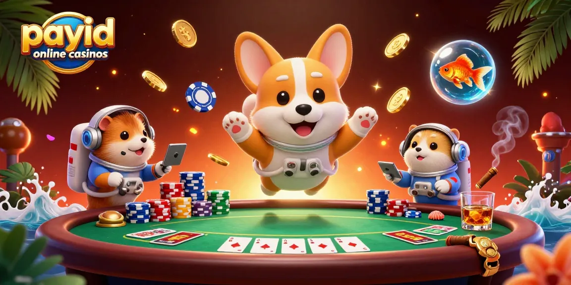 Astronaut corgi exploring payid online casinos in a dynamic space station casino scene.